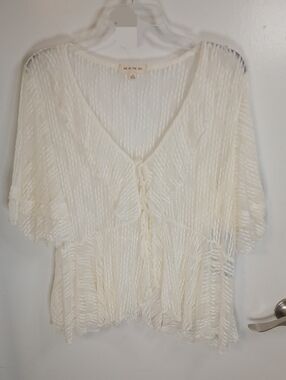 New! Pie In The Sky Cream Tie-Front Ruffle V-Neck Sheer Peplum Blouse 2X